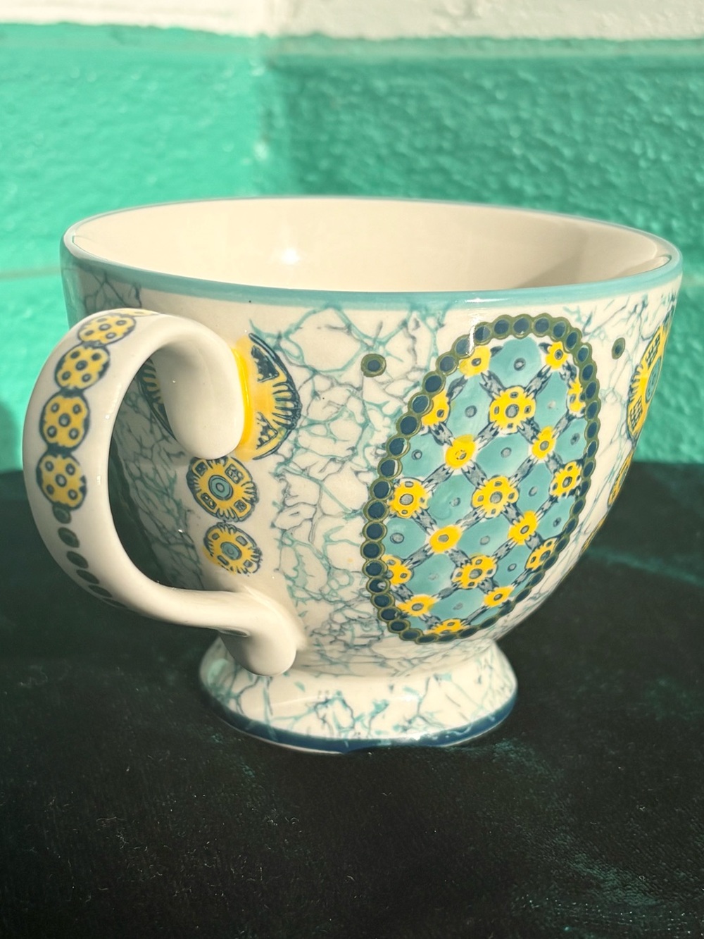 Anthropologie Kebaya Teal Aqua Yellow Footed Pedestal Mug 12oz Boho
